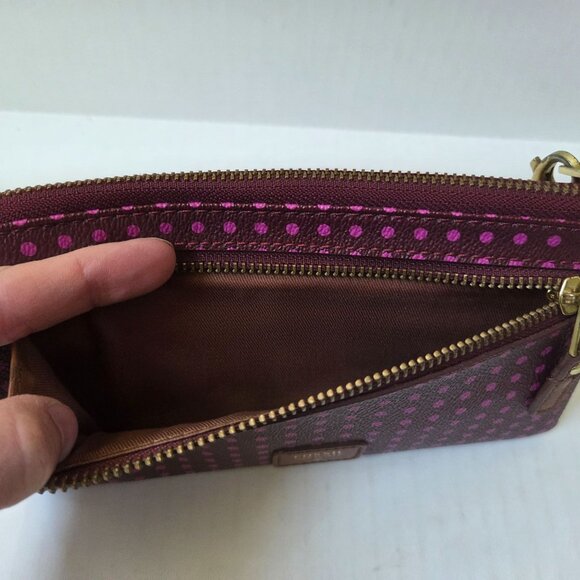 Fossil Wallet Wristlet Purple Pink Polka Dot Zip Around PVC Leather Boho Travel - Picture 3 of 8